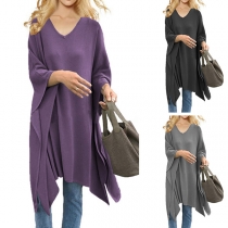 Fashion Solid Color Dolman Sleeve V-neck Irregular Hem Loose Top