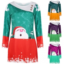 Fashion Contrast Color Long Sleeve Christmas Printed Dress
