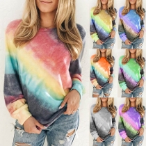 Fashion Long Sleeve Round Neck Tie-dye Printed T-shirt