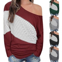 Sexy Oblique Shoulder Long Sleeve Striped Spliced T-shirt