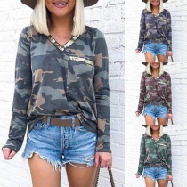 Fashion Camouflage Printed Long Sleeve V-neck T-shirt