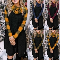Fashion Plaid Spliced Long Sleeve Cowl Neck Dress