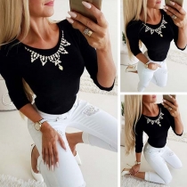 Fashion Solid Color Long Sleeve Round Neck Rhinestone Spliced Top