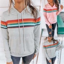 Fashion Colorful Striped Spliced Long Sleeve Hooded Sweatshirt