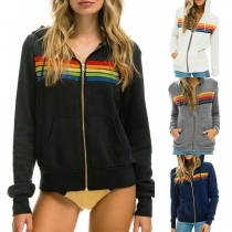 Fashion Colorful Striped Spliced Long Sleeve Hooded Sweatshirt