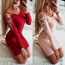 Sexy Off-shoulder Long Sleeve Rhinestone Spliced Tight Dress