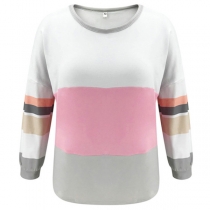 Fashion Contrast Color Long Sleeve Round Neck Loose T-shirt