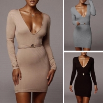 Sexy Deep V-neck Long Sleeve Solid Color Tight Dress