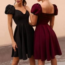 Elegant Solid Color Puff Sleeve V-neck High Waist Dress(It falls small)