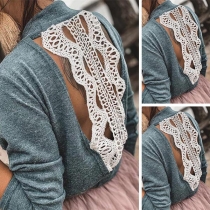 Sexy Lace Spliced Backless Long Sleeve Mock Neck Top