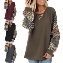 Fashion Printed Spliced Long Sleeve Round Neck T-shirt