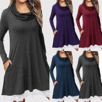 Fashion Long Sleeve Cowl Neck Lace Spliced Hem Dress