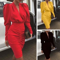Sexy Deep V-neck Long Sleeve Solid Color Slim Fit Dress