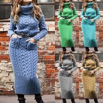 Fashion Solid Color Long Sleeve Turtleneck Front-pocket Sweater Dress(Without belt)