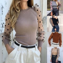 Fashion Dots Gauze Spliced Puff Sleeve Mock Neck Top