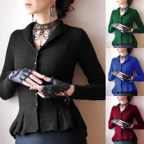 Fashion Solid Color Long Sleeve Stand Collar Ruffle Hem Knit Cardigan