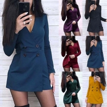 Sexy Deep V-neck Long Sleeve Double-breasted Slim Fit Romper