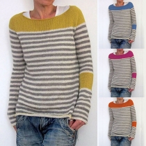 Fashion Long Sleeve Round Neck Striped Knit Top