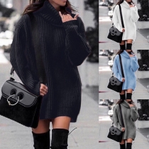 Fashion Solid Color Long Sleeve Turtleneck Loose Sweater Dress