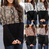 Fashion Serpentine/Leopard Spliced Long Sleeve Round Neck Top