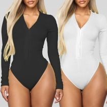 Sexy Deep V-neck Long Sleeve Solid Color Bodysuit