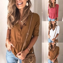 Fashion Solid Color Long Sleeve V-neck Blouse
