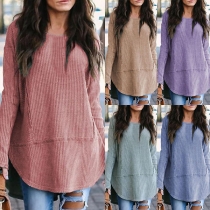 Fashion Solid Color Long Sleeve Round Neck Arc Hem T-shirt