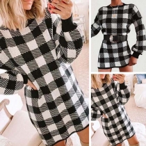 Fashion Long Sleeve Round Neck Slim Fit Plaid Dress(It falls small)