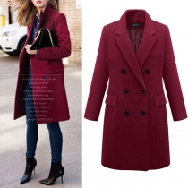 Elegant Solid Color Long Sleeve Double-breasted Woolen Coat （Size Run Small）