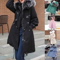 Fashion Faux Fur Spliced Hooded Solid Color Padded Coat