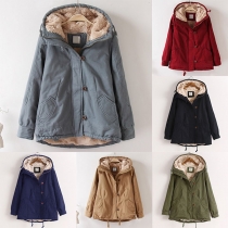 Fashion Solid Color Long Sleeve Hooded Plush Lining Coat