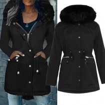Fashion Solid Color Faux Fur Spliced Hooded Slim Fit Padded Coat