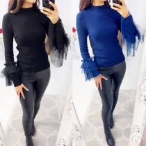 Fashion Gauze Spliced Long Sleeve Mock Neck Slim Fit Top