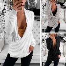 Sexy Deep V-neck Long Sleeve Solid Color Top