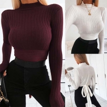 Sexy Long Sleeve High Collar Lace-up Hem Slim Fit Crop Top