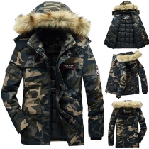 Fashion Faux Fur Spliced Hooded Plush Lining Camouflage Printed Man's Padded Coat