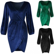 Sexy V-neck Long Sleeve Irregular Hem Solid Color Dress