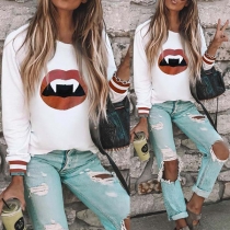 Casual Style Lip Printed Long Sleeve Round Neck Sweatshirt