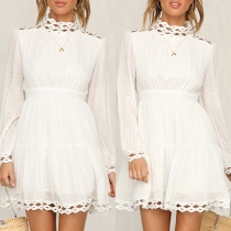 Sexy Long Sleeve Mock Neck High Waist Solid Color Hollow Out Dress