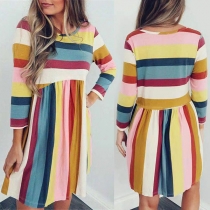 Fashion Long Sleeve Round Neck Colorful Striped Dress