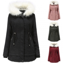 Fashion Solid Color Faux Fur Spliced Hooded Plush Lining Padded Coat