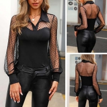 Sexy See-through Gauze Spliced Long Sleeve V-neck Slim Fit Top