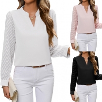 Sexy See-through Gauze Spliced Long Sleeve V-neck Slim Fit Top