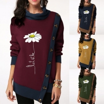 Fashion Contrast Color Cowl Neck Oblique Button Printed Sweatshirt