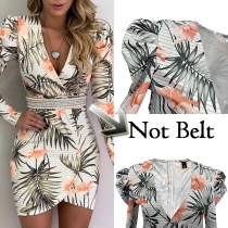 Sexy Deep V-neck Long Sleeve Irregular Hem Slim Fit Printed Dress(Without Belt）