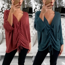 Sexy V-neck Long Sleeve Solid Color Drawstring T-shirt