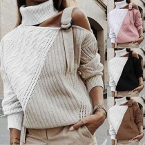 Sexy Off-shoulder Long Sleeve Contrast Color Turtleneck Sweater
