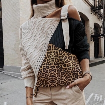 Sexy Off-shoulder Turtleneck Contrast Color Leopard Spliced Sweater