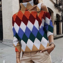 Sexy Off-shoulder Long Sleeve Turtleneck Diamond Printed Sweater