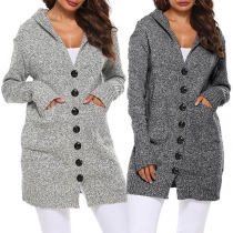 Fashion Long Sleeve Hooded Single-breasted Knit Cardigan
